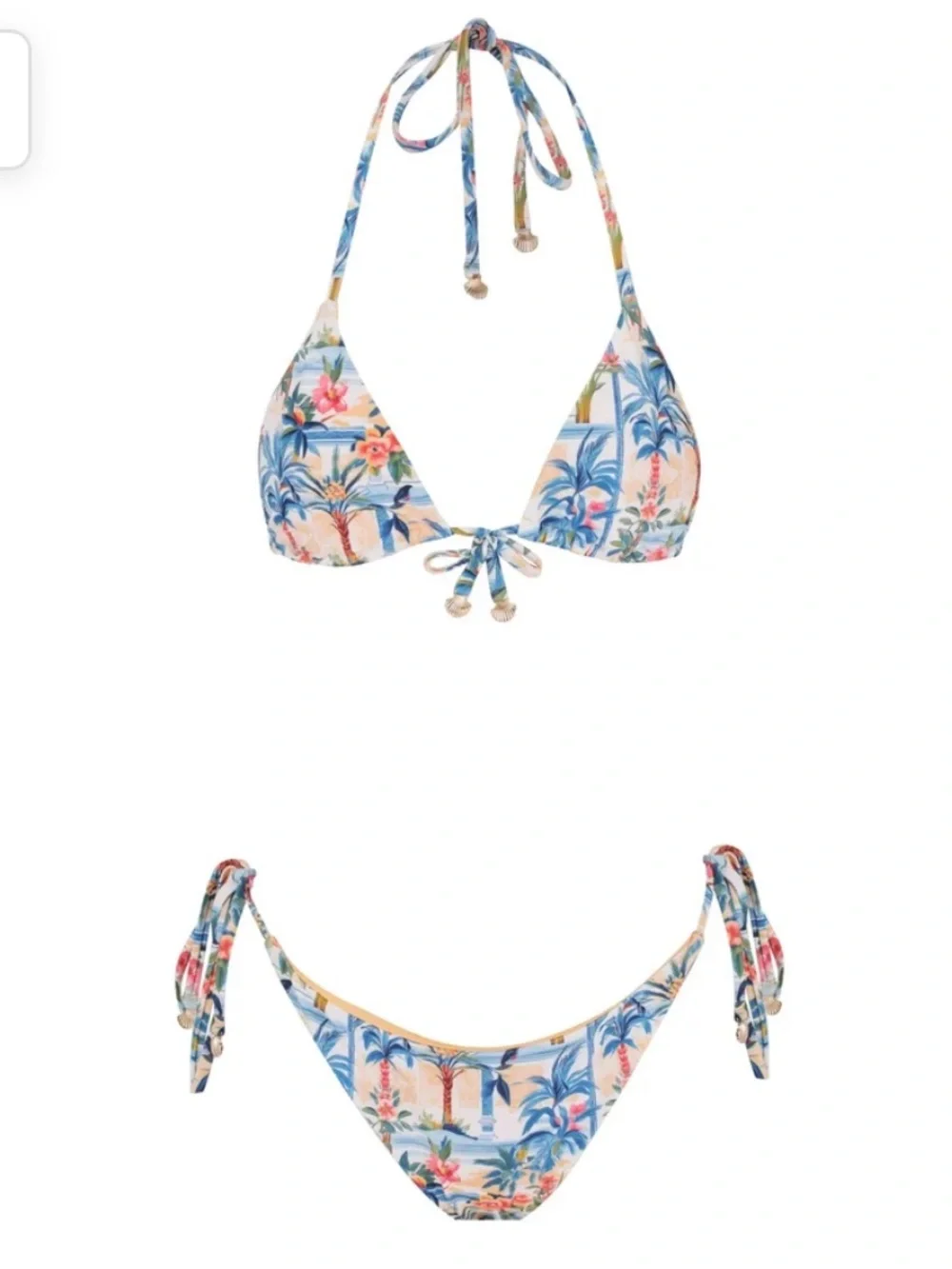 Escape to Paradise Tropical Floral Triangle Tie Bikini Set with Seashell Detail